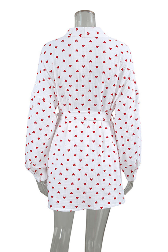 Heart Patterned Tie Waist Loungewear Set