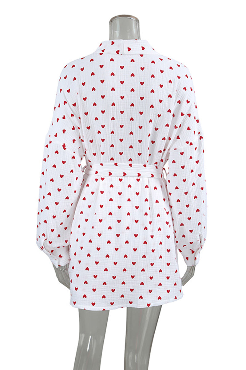Heart Patterned Tie Waist Loungewear Set
