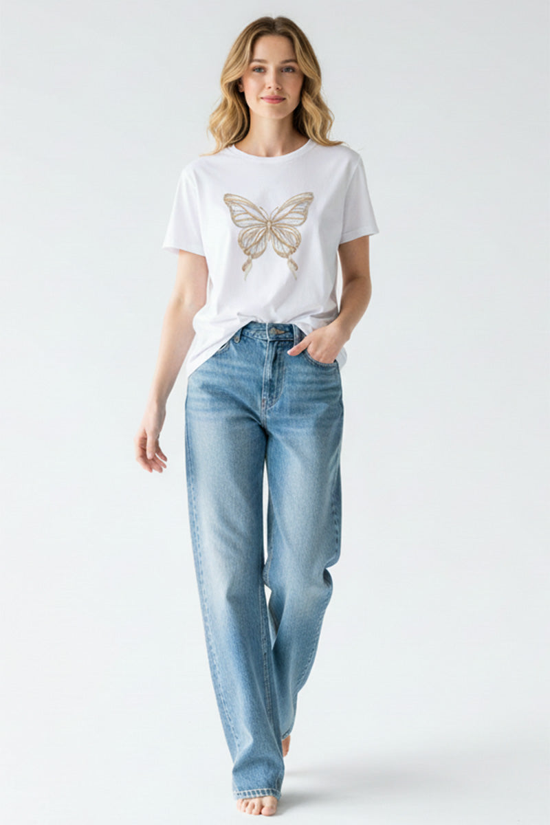 Golden Butterfly Embroidered T-Shirt
