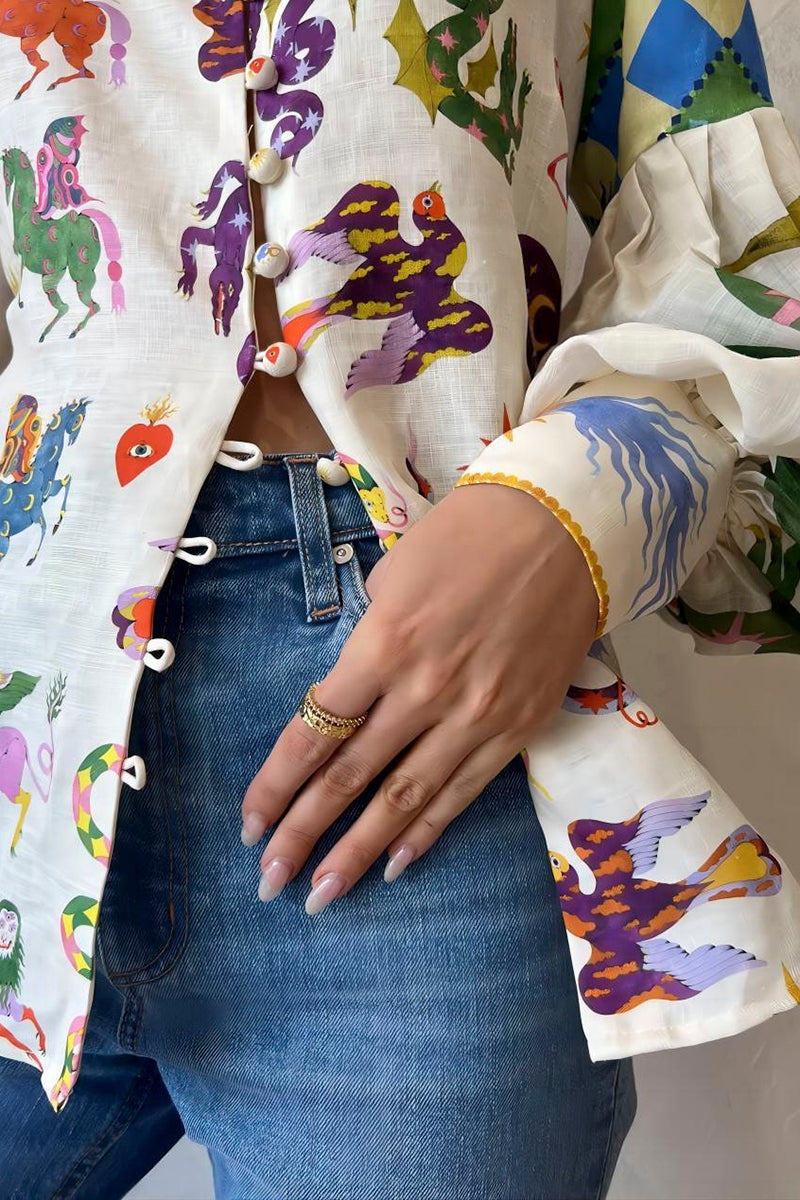Playful Print Balloon Sleeve Blouse