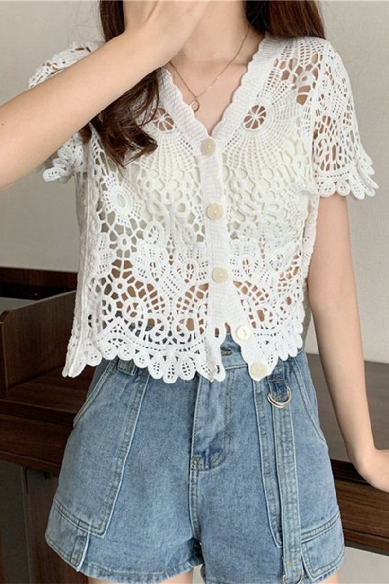 Floral Crochet Button-Up Blouse