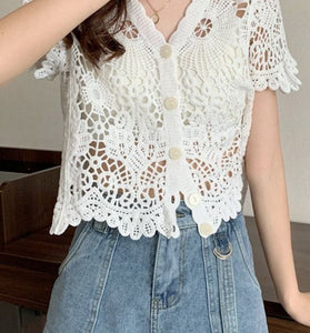 Floral Crochet Button-Up Blouse