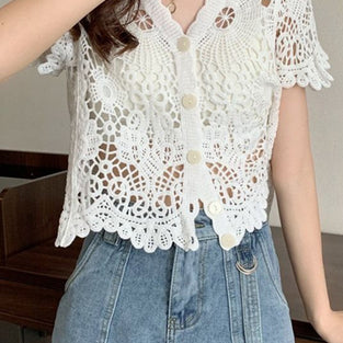 Floral Crochet Button-Up Blouse