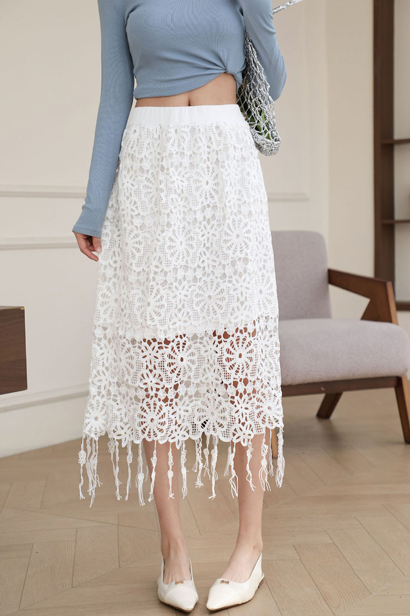 Elegant Lace Midi Skirt with Fringe