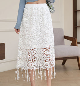 Elegant Lace Midi Skirt with Fringe