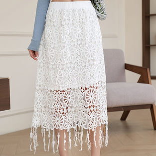 Elegant Lace Midi Skirt with Fringe