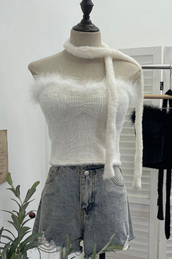 Fuzzy Off-Shoulder Tank Top with Scarf