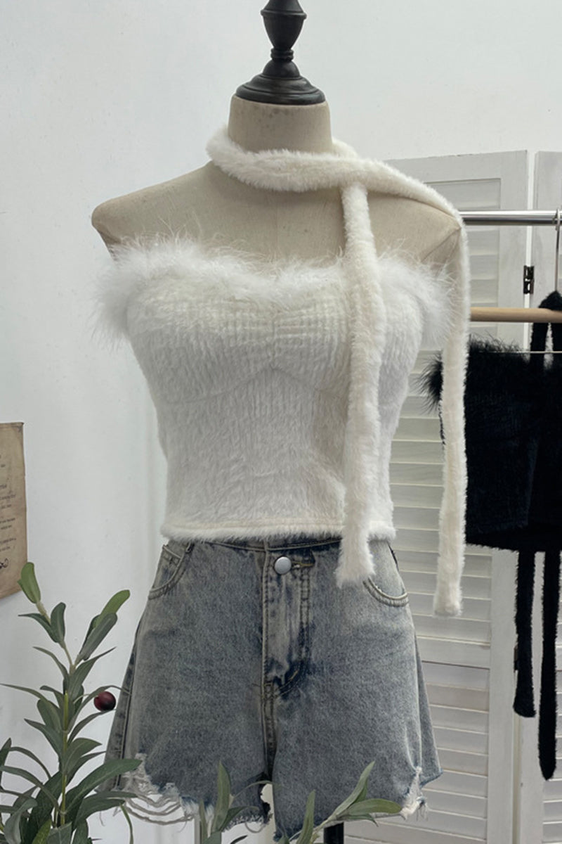 Fuzzy Off-Shoulder Tank Top with Scarf