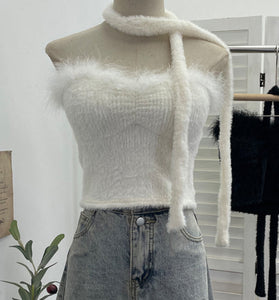 Fuzzy Off-Shoulder Tank Top with Scarf