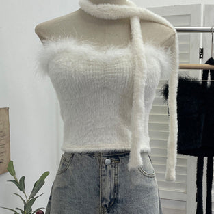 Fuzzy Off-Shoulder Tank Top with Scarf