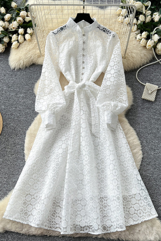 Elegant Long Sleeve Tie Waist Dress