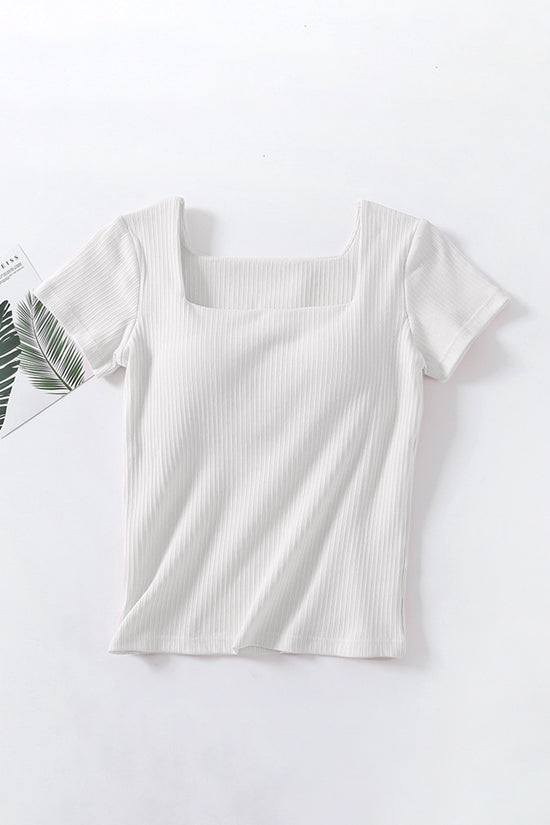 Square Neck Ribbed Short Sleeve Top