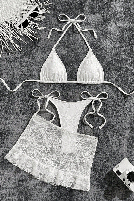 Lace Tie Bikini Set with Skirt Cover-Up