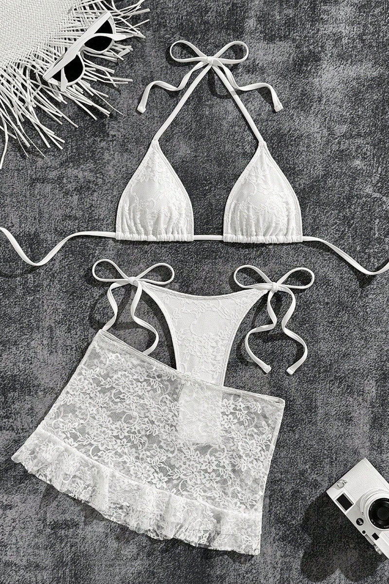 Lace Tie Bikini Set with Skirt Cover-Up