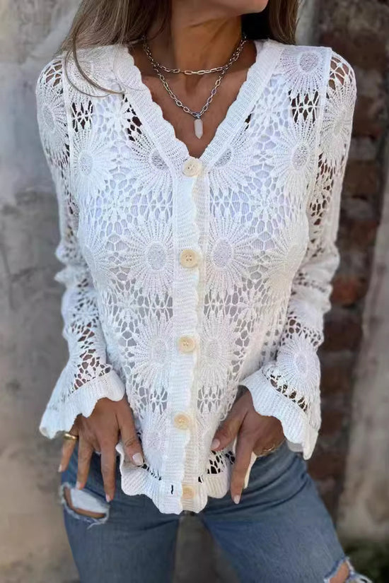Crochet Button-Up Blouse with Flared Sleeves