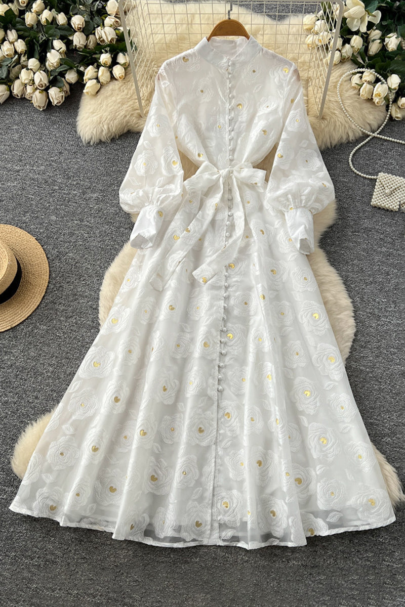 Elegant Long Sleeve Tie-Waist Dress