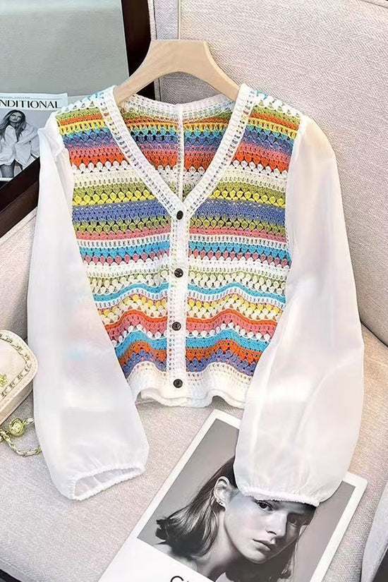 Vibrant Knit Cardigan with Sheer Sleeves