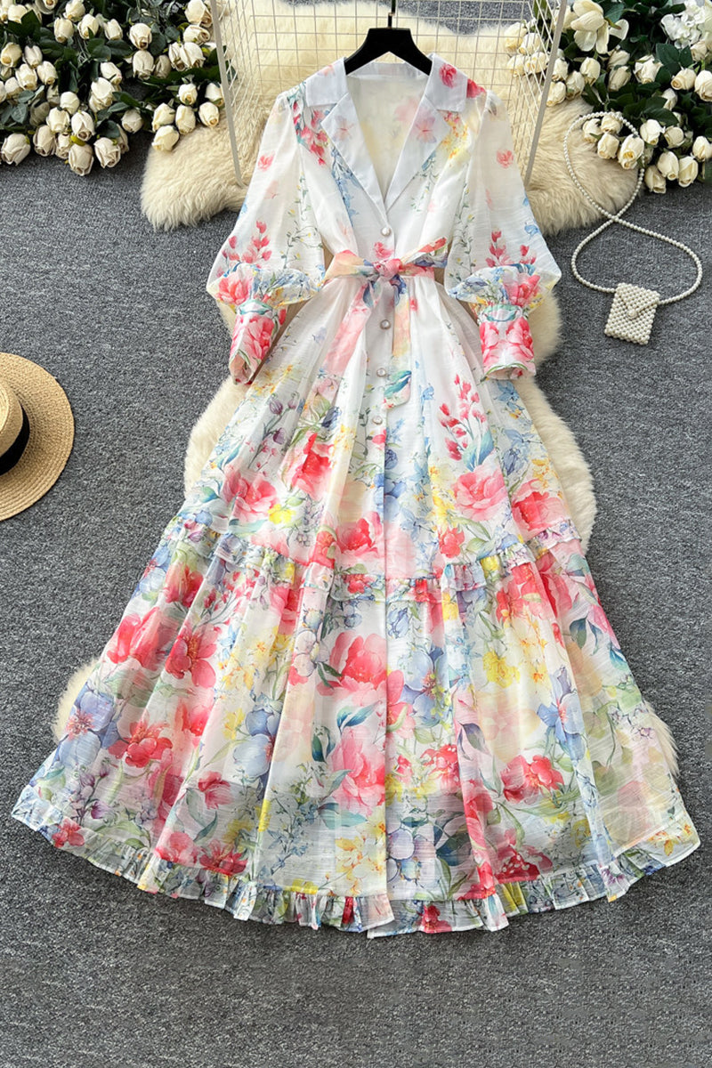 Floral Belted Long Sleeve Casual Dress