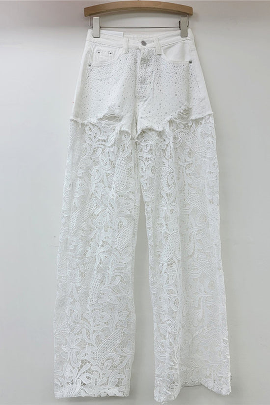 Lace Overlay Denim Casual Pants