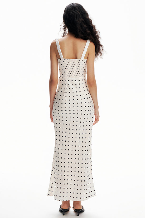 Polka Dot Ruched Strap Midi Dress