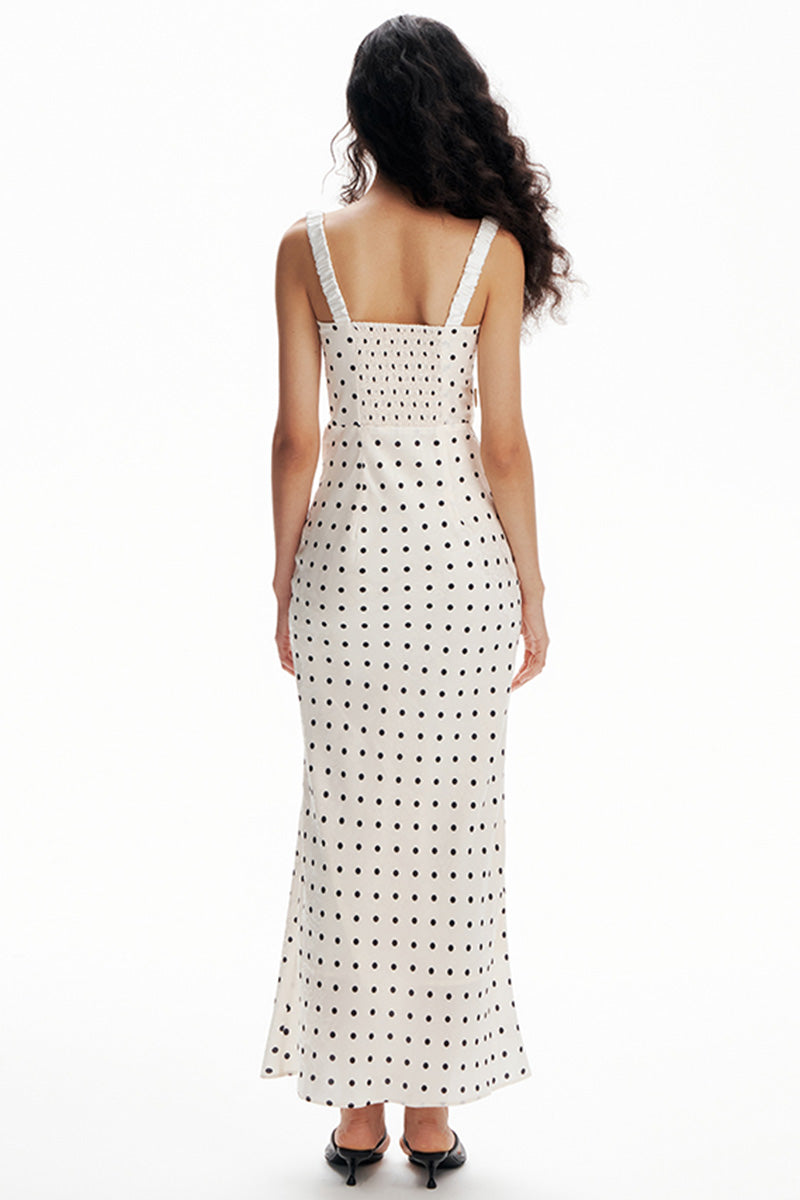Polka Dot Ruched Strap Midi Dress