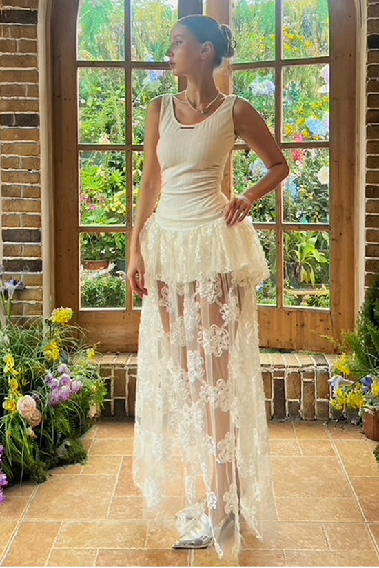 Sheer Lace Overlay Peplum Maxi Dress