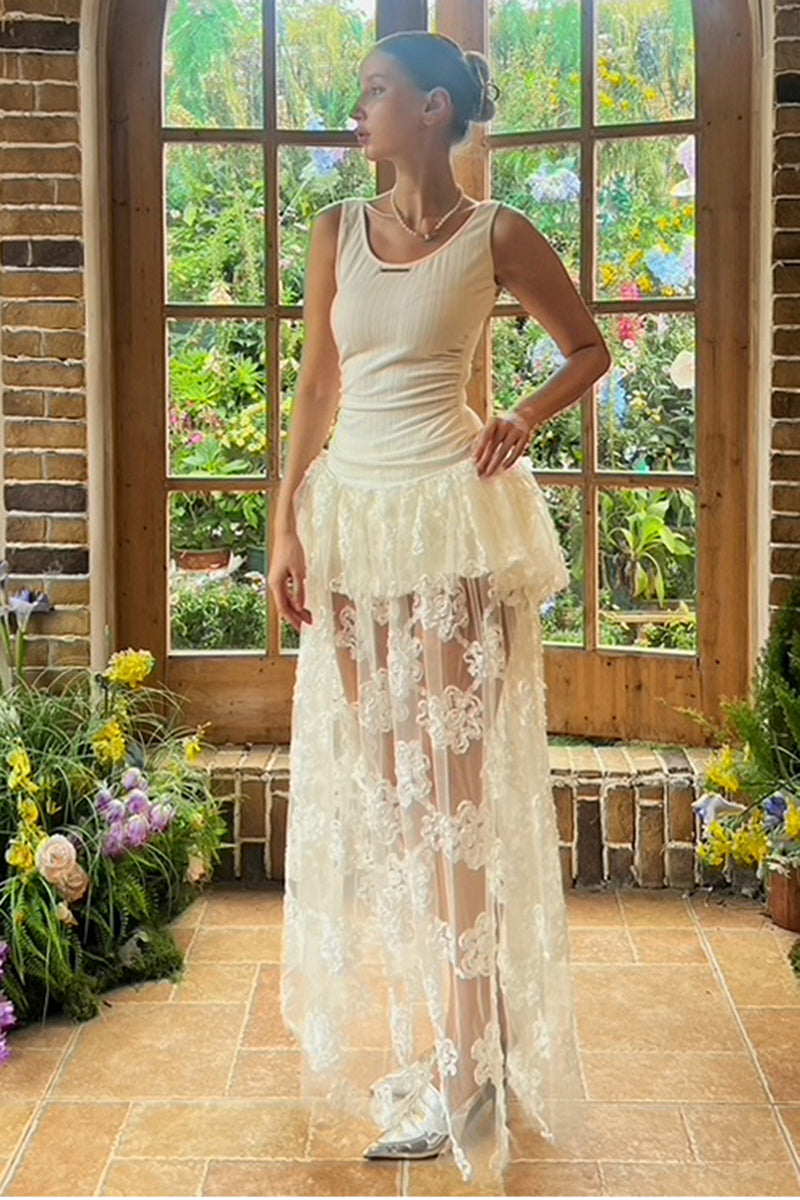 Sheer Lace Overlay Peplum Maxi Dress