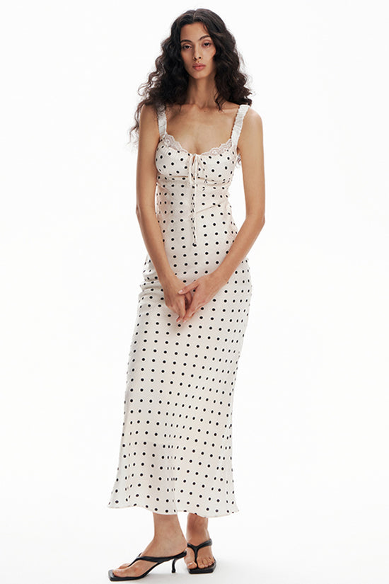 Polka Dot Ruched Strap Midi Dress