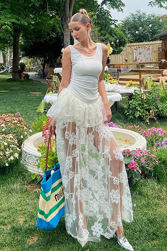 Sheer Lace Overlay Peplum Maxi Dress