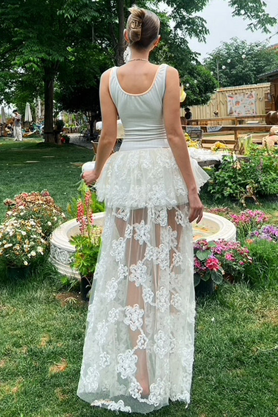 Sheer Lace Overlay Peplum Maxi Dress