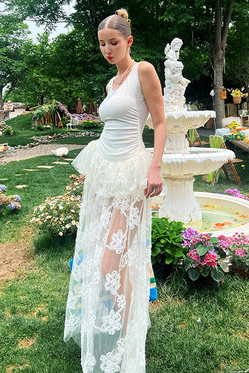 Sheer Lace Overlay Peplum Maxi Dress