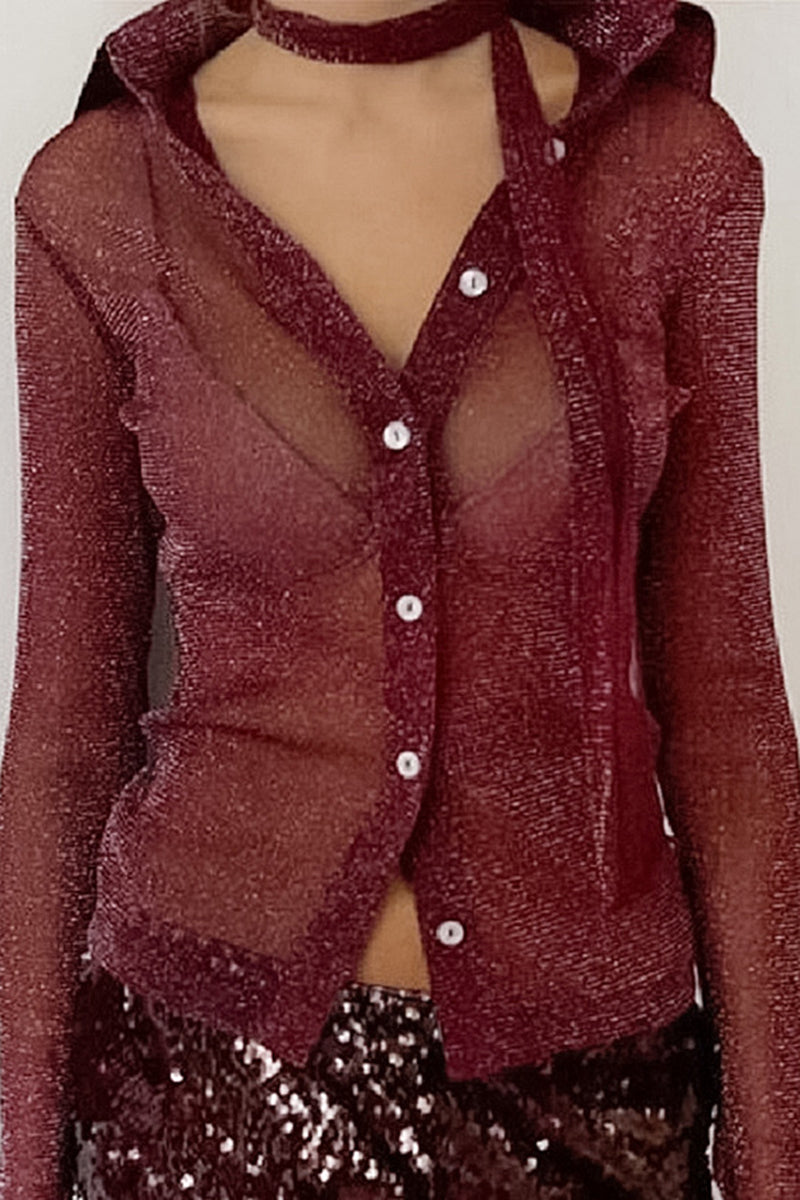 Shimmering Sheer Button-Up Blouse