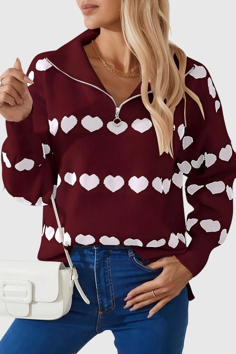 Heart Pattern Zip-Up Sweater