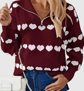 Heart Pattern Zip-Up Sweater