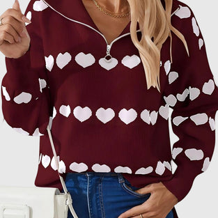 Heart Pattern Zip-Up Sweater