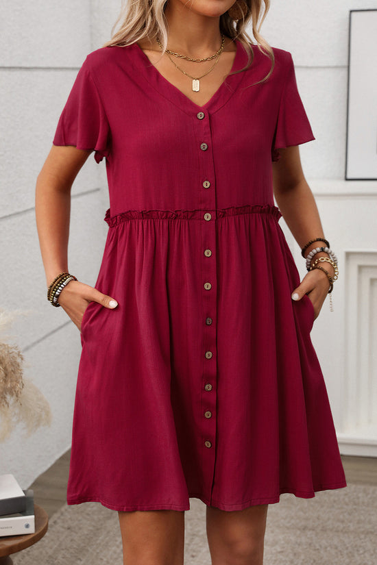 Button-Up V-Neck Casual Dress