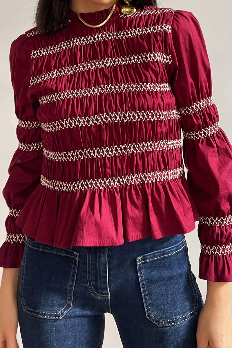 Smocked Pleated Long Sleeve Blouse