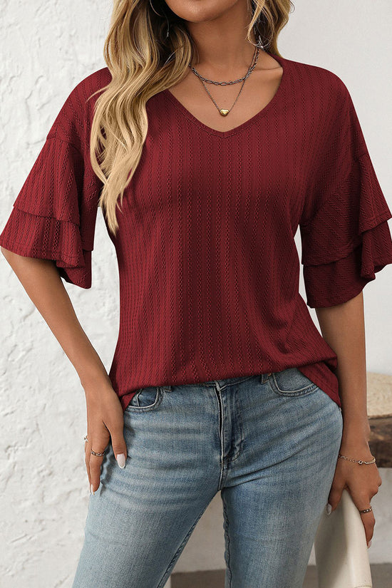 Ruffle Sleeve V-Neck T-Shirt