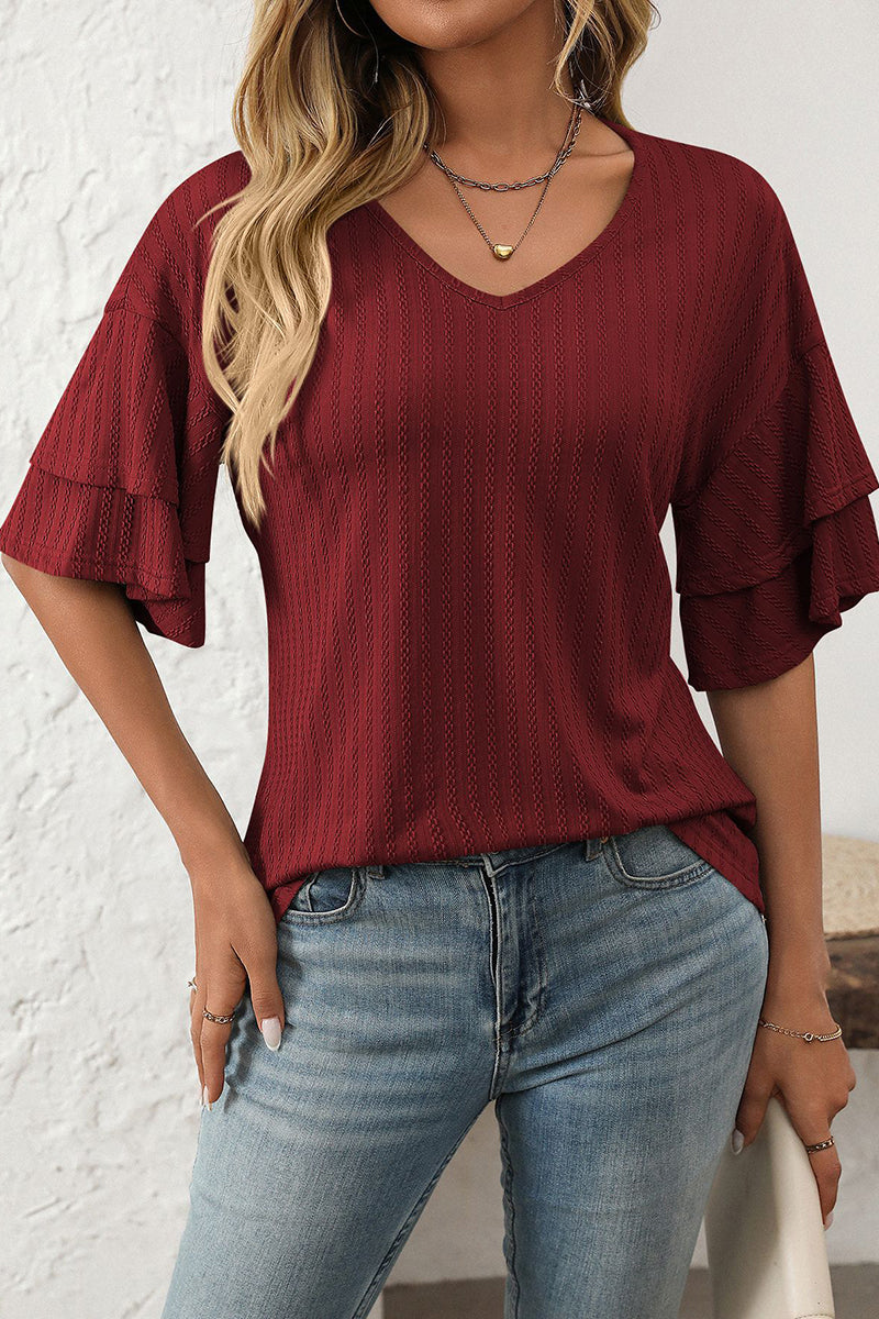 Ruffle Sleeve V-Neck T-Shirt