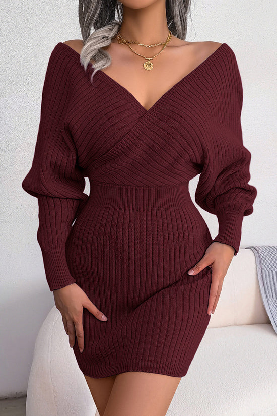 Ribbed Knit V-Neck Bodycon Dress