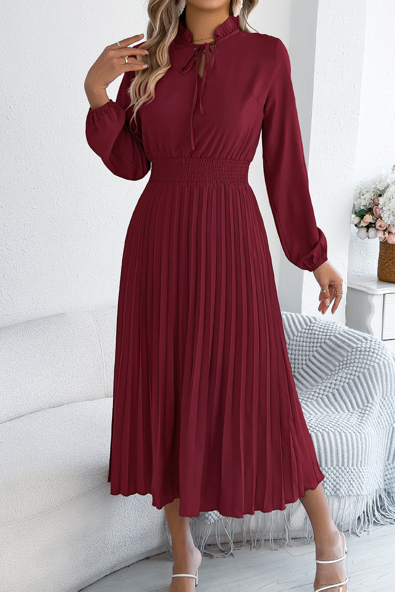 Ruffled Neck Pleated Midi Dress