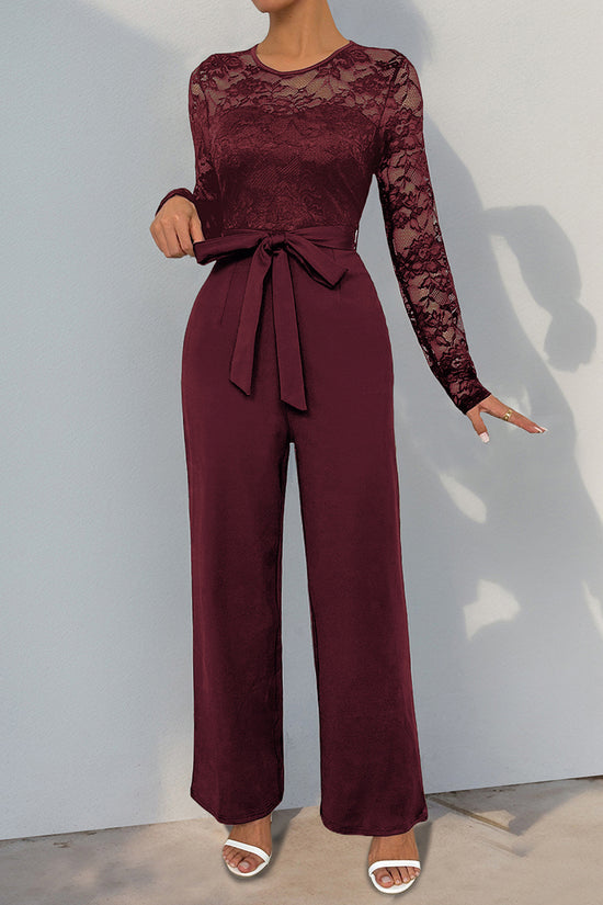 Lace Long Sleeve Tie Waist Jumpsuit
