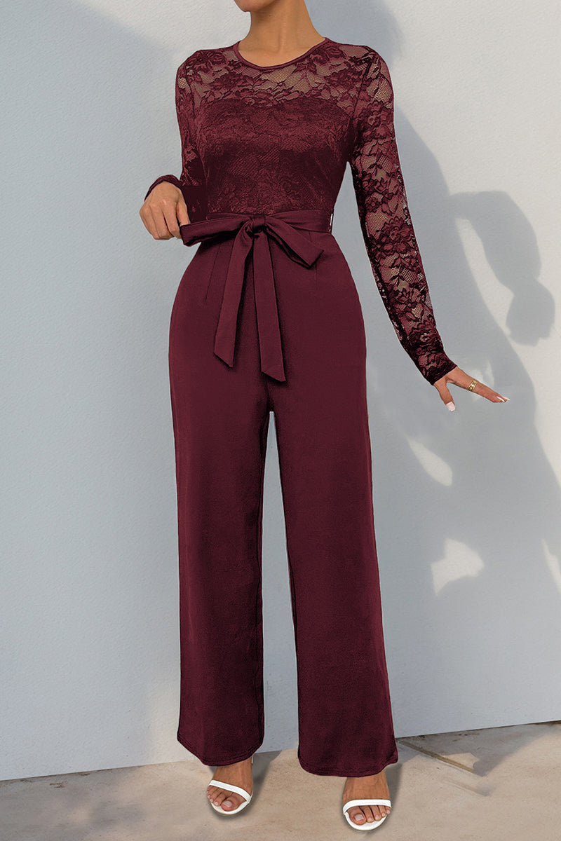 Lace Long Sleeve Tie Waist Jumpsuit