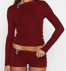 Long Sleeve Shorts Set with Stylish Detail
