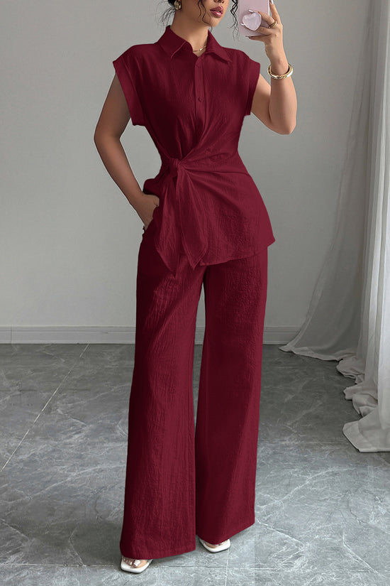 Elegant Sleeveless Shirt and Wide-Leg Pants Set
