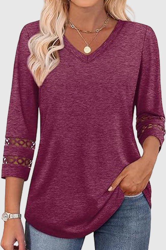 V-Neck Lace Sleeve Casual Top