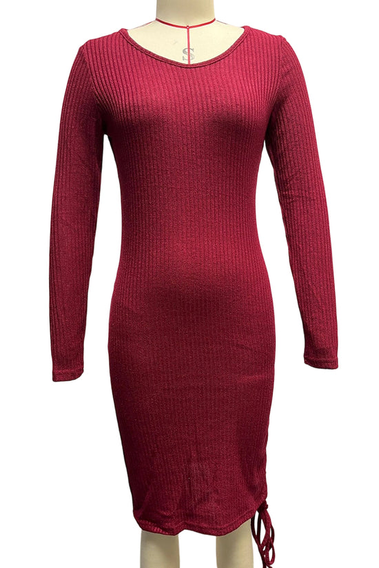 V-Neck Ribbed Long Sleeve Casual Dress