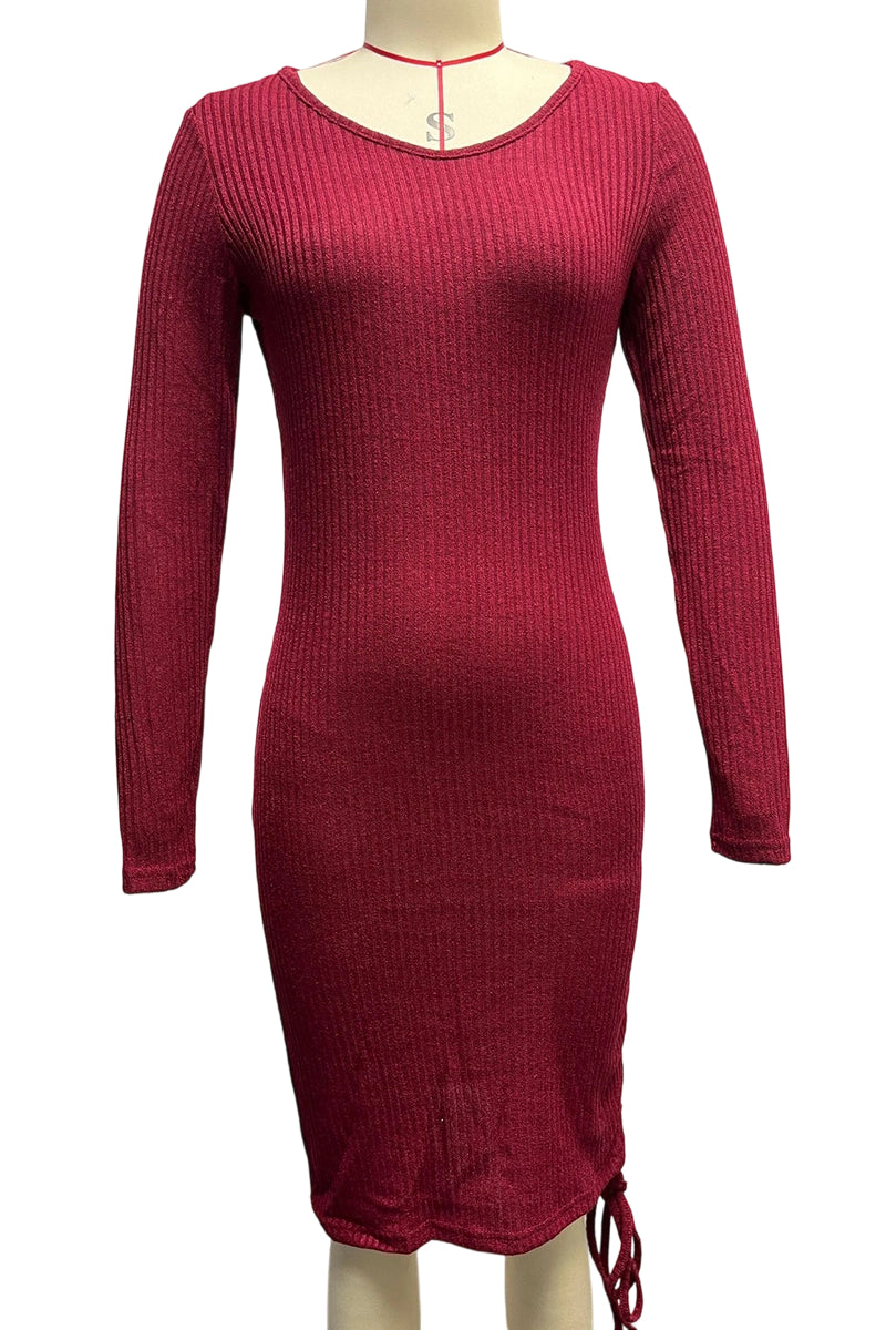 V-Neck Ribbed Long Sleeve Casual Dress