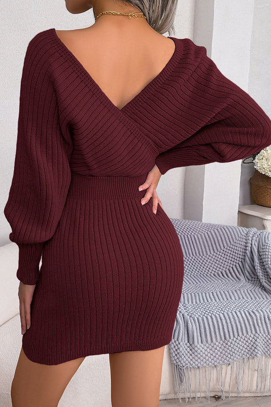 Ribbed Knit V-Neck Bodycon Dress