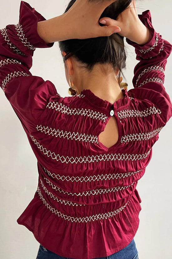Smocked Pleated Long Sleeve Blouse